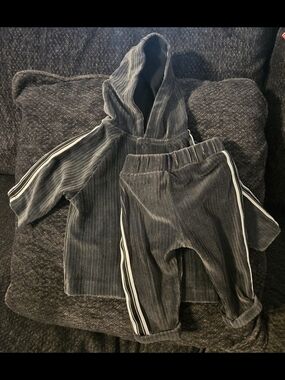 wonder nation Charcoal Ribbed Hooded Jogger Set with White Stripes